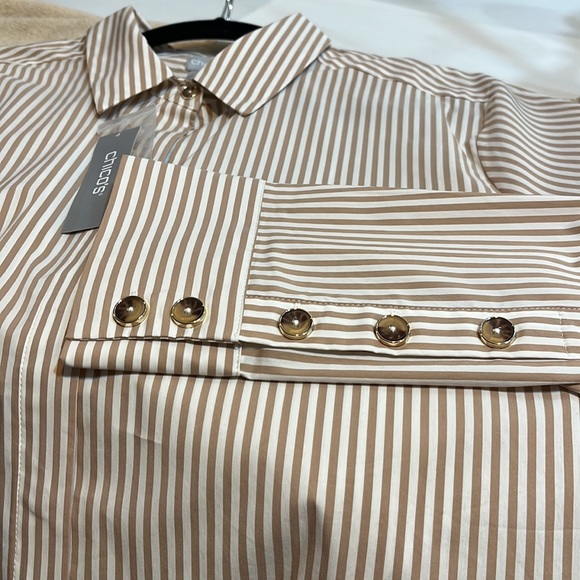NWT Chico’s button sleeve poplin shirt/striped tunic tan and cream size 3.5 - Picture 2 of 8